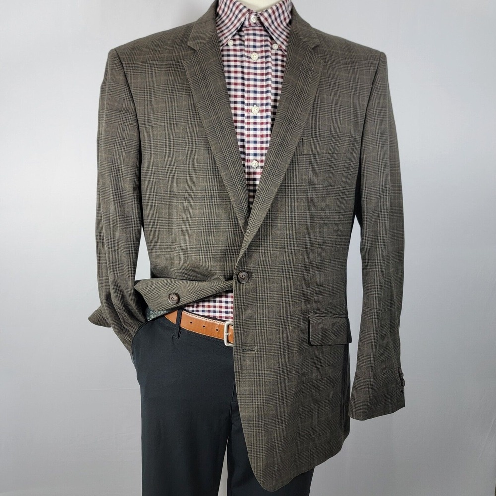 Haggar Mens Sport Coat Blazer Two Button Brown Plaid Cotton Poly Rayon Blend 44L